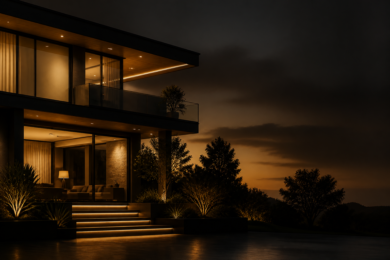 Casa moderna iluminada ao entardecer